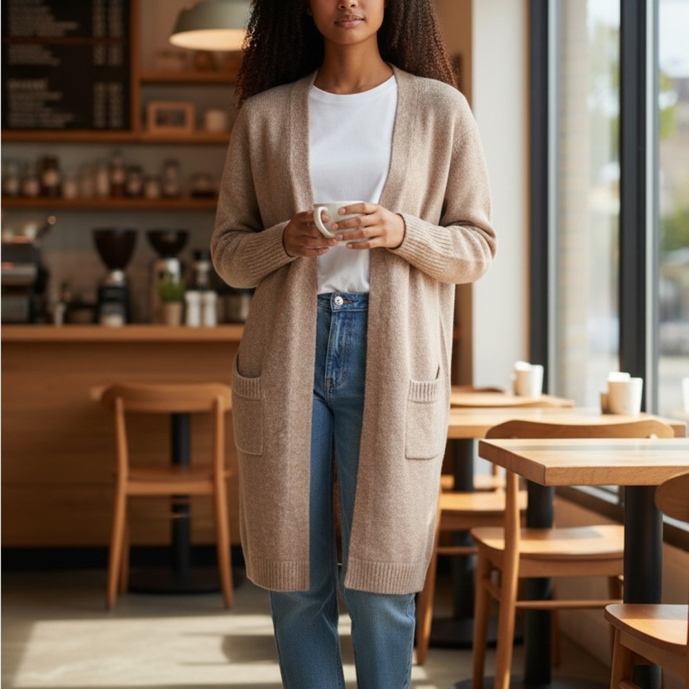 Acne Long Open Front Cardigan in Light Beige